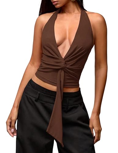MISSACTIVER Women’s Sexy Halter Top Backless Wrap Twist Crop Tops Y2K Plunge Deep V-Neck Bandage Crop Tank Top Corset Cami