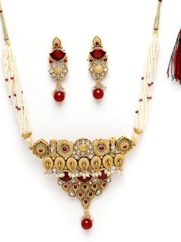 Image of Adiva Stylish Traditional Gold-Plated Kundan Stone Pearls & Beads Meenakari Handcrafted Necklace with Earrings Jewellery Set for Women & Girls