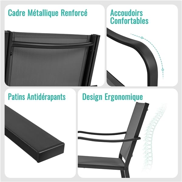 Yaheetech Lot de 2 Chaise de Jardin Extérieur Fauteuil de Jardin Empilable Chaises de Terrasse Chaises de Salle à Manger 56,5 L× 67 P × 86,5 cm pour Patio Balcon Terrasse Gris