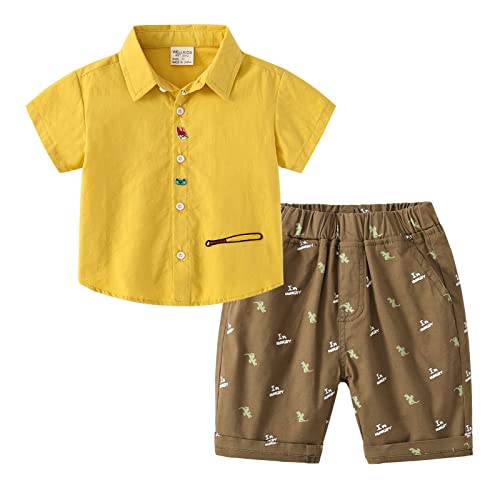 IURNXB Bebé Niños Camisa de Manga Larga Caballero Algodón con Traje Casual Ropa Pantalones Cortos Conjunto 2Pcs 3-8 Años (3-4 años, Amarillo) Cover