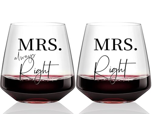 Physkoa Lesbian Wine Glasses Set of 2 Mrs Right& Mrs Always Right Wedding Engagement Anniversary Pride Gift for Lesbian Couples