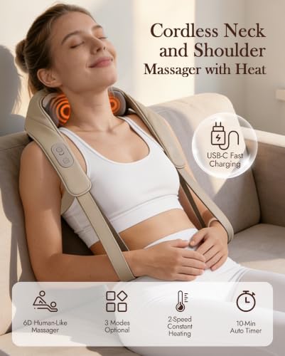 Image of Neck Massager with Heat Cordless: Shiatsu Back Shoulder Massage Tools for Pain Relief Deep Tissue Electric 4D Kneading for Muscle Remedy Lymphatic Drainage Gifts for Men Women Mom Dad (Brown)