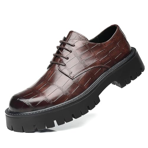 Image of Men's Printed Leather Platform Oxford Dress Shoes Classic Lace Up Anti-Slip Lug Sole Block Heel Formal Oxfords for Wedding Office Business