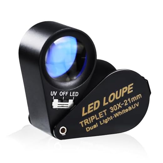 Gain Express 30x Magnification Jewelry Gem Loupe with UV & 6 LED Light, 21mm Optical Glass Achromatic Aplanatic Triplet Magnifiers Lens Portable Handheld Magnifying Tool (30X Magnification)