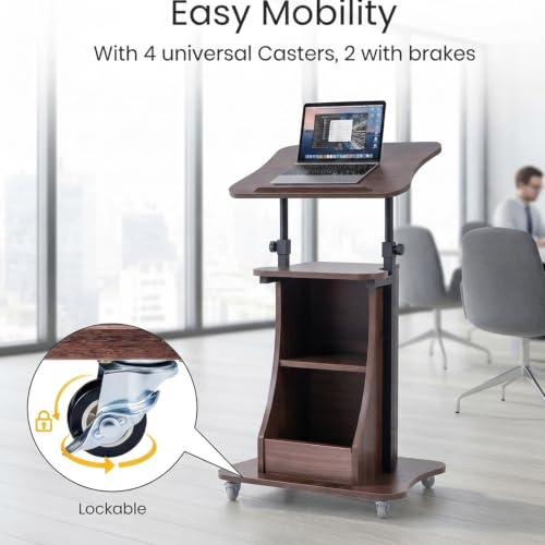 Image of POWERSTONE 2PCS Sit to Stand Mobile Lectern Teacher Podium Stand Brown | Rolling Laptop Desk Cart with Storage Shelves, Casters, Swivel Top, Height Adjustable, for Classroom, Concert, Church