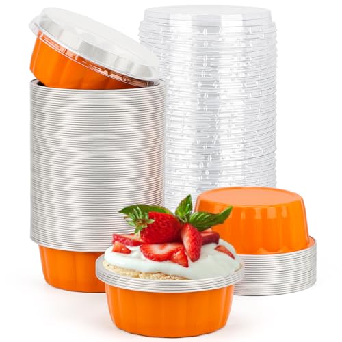 Beasea 8oz Disposable Ramekins with Lids, 100-pack (Orange) - Aluminum Foil Cups