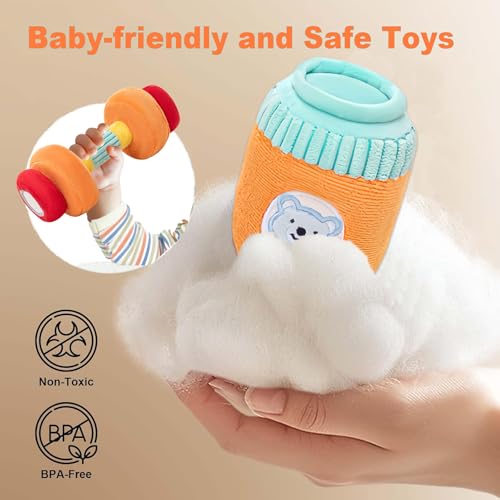 Gdbykds Jouet Bebe Gym Peluche 6 Pièces, 0-12 Mois Bébé Jouets - Jeu Montessori avec Haltère/Sac à Main/Sac De Sable/Bouilloire/Tendeur/Serre - Tête Sport Baby Gym, Hochet Bebe 3-6 Mois – Image 4