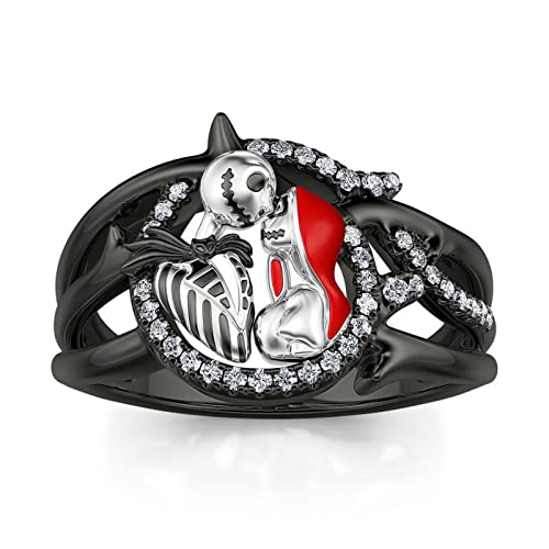 Jeulia Gothic Skull Diamond Rings: Sterling Silver Jack and Sally Skeleton Rings Band Halloween Romantic Nightmare Jewelry for Her Engagement Anniversary Christmas with Gifts Box