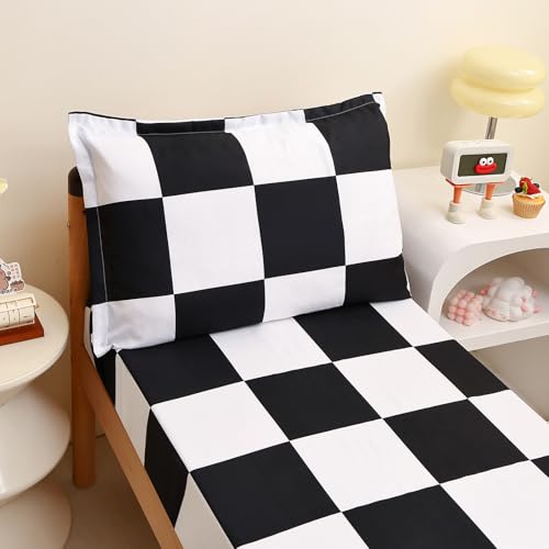 Image of Caressma Checkered Toddler Bedding Set Black White Plaid Comforter Set | Classic Black and White Bed Set, Grid Buffalo 4 Pieces Kids Bedding with Comforter, Fitted Sheet, Flat Sheet, Pillowsham