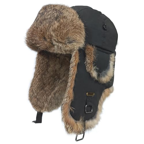 Image of Winter Trapper Hat for Men Women Warm Soft Russian Ushanka Hat Real Rabbit Fur Aviator Bomber Hats Winter Hats with Ear Flaps
