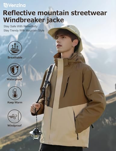 Image of Venzina Men's Waterproof Rain Jacket-Lightweight Windbreaker with Color Block Design, Breathable for Urban Outdoor, Daily Commuting I Fashion Unisex Couple Jacket
