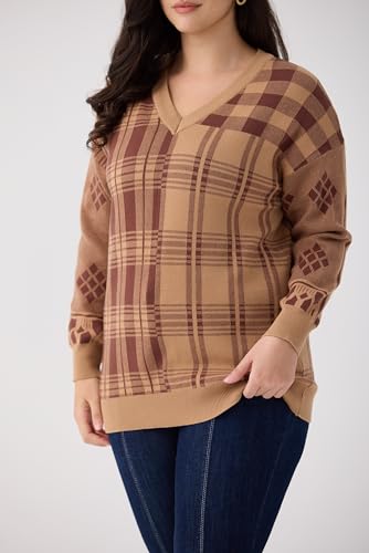 Image of CARCOS Plus Size Sweaters for Curvy Women Long Sleeve Cable V Neck Sweater Knit Pullover Preppy Style Fall Winter XL-5XL