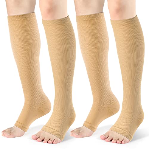 Image of Open Toe Compression Socks for Women & Men, 2 Pairs 15-20 mmHg Knee High Support Stockings for Pregnancy, Travel, Nurses, Running & All Day Comfort