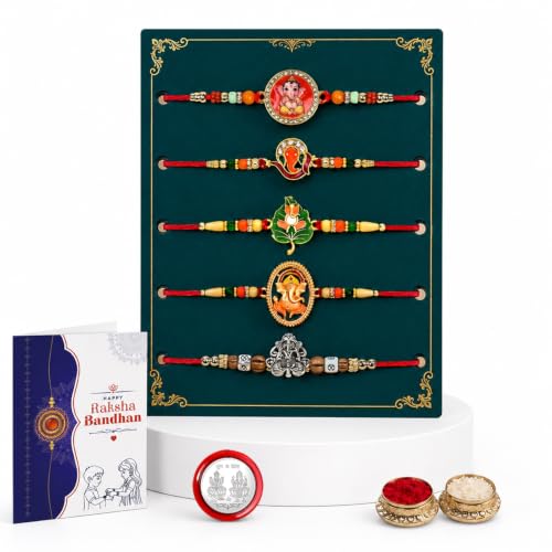 Image of Oblivion Rakhi For Brother - Elegant Stylish God Designer Rakhi with Beads and Silver Colour Pooja Coin, Tilak Set & Greeting Card - Traditional Raksha Bandhan Combo for Bhai