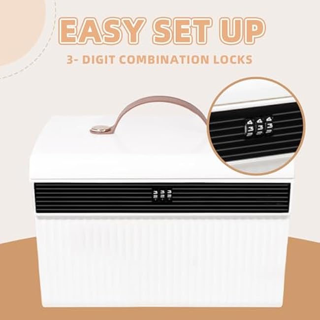 Portable Lockable Storage Box with Handle ¨C Secure Organizer Case for Home, Office, or Travel ¨C Durable Plastic Construction with Combination Lock, Elegant White Design 11 * 8.6 * 7inch