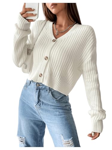 Image of SHENHE Women's Ribbed Knit V Neck Button Down Long Sleeve Drop Shoulder Cardigan Sweater