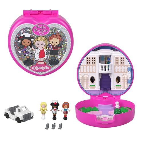 Polly Pocket x Clueless (Fuera de Onda) Estuche de coleccionista con Mini muñecas, Conjunto de Juego con 5 Accesorios temáticos, incluidos un Coche de Juguete, Cher, Dionne y Tai, JCC21
