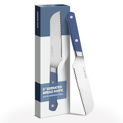 Misen Serrated Bread Knife  High-Carbon Japanese AUS8 Steel  Effortless Slicing of Bread, Pastries, and Fruits  Razor-Sharp Edge and Durable Blade with Ergonomic Handle - 5", Blue