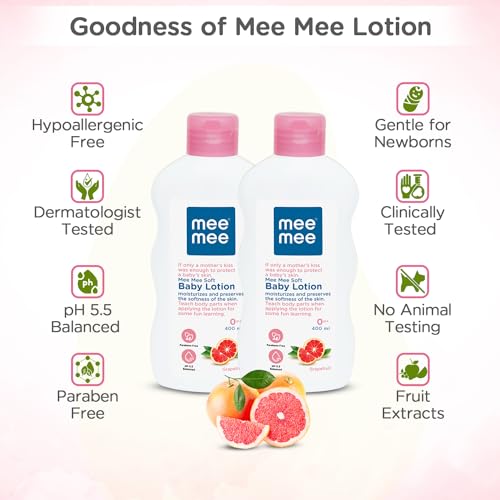 Image of Mee Mee Soft Baby Lotion | Enriched with the goodness of Fruit extracts | 0+ months For 24Hrs Moisturization | pH 5.5 balanced | Ideal For All Skin Types Pack of 2 (400ml)