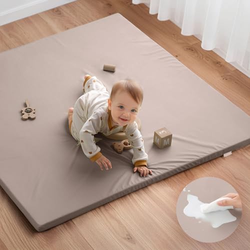 Image of Blissful Diary Vegan Leather Baby Play Mat, 47x47 Thicken Foam Cushioned & Waterproof Playpen Mat for Infants and Toddlers, Stylish and Just Wipe-Clean Playmat for Baby Play on Floor, Taupe