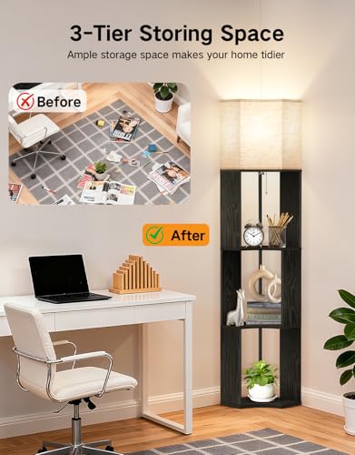 Image of OUTON Floor Lamp with Shelves, Modern Tripod Standing Shelf Lamp, Black | 3 Color Temperature Bulb, Storage Display Wood Column Tall Bookshelf Lamp for Living Room, Bedroom Office