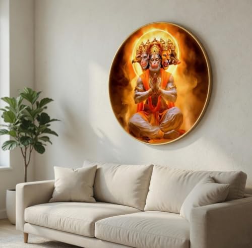 Image of SAF Panchmukhi Hanuman Wall Painting Round PVC Golden Frame Spiritual Hindu God Wall Decor for Living Room Temple Bedroom Pooja Room Religious Gift Item (23 x 23 Inch) GR-380