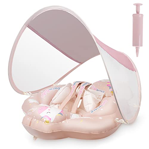 Vicloon Baby Schwimmring,Baby Float mit abnehmbarem Sonnendach,Niedliches rosa Pferdemuster Baby Schwimmhilfe,Baby Schwimmring für Baby ab 6-30 Monate-L