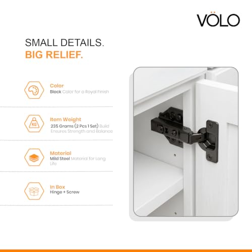 Image of VOLO Cabinet Hinges, Set of 1 (2 Pieces) for Furniture, Wardrobes, Doors, and Storage Units | (3D (Black) Soft Close (Mild Steel), 8 Crank | Half Overlay)