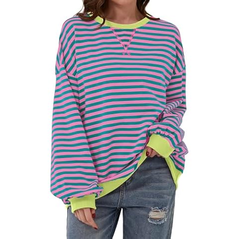 calbatic Women Oversized Striped Sweatshirt Long Sleeve Pullover Tops Crewneck Contrast Hem Shirts Vintage Fall Jumpers Green Cover