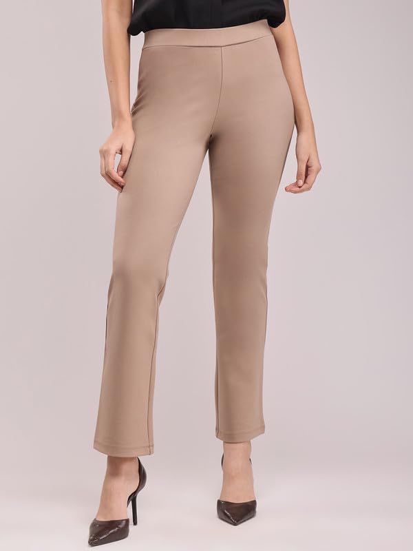 Image of FableStreet Women's Bootcut Stretch Livin Trousers | Nylon Rayon with Mid-Rise Waist | Solid Pattern & Plain Weave Fabric | Office Wear & Business Meetings