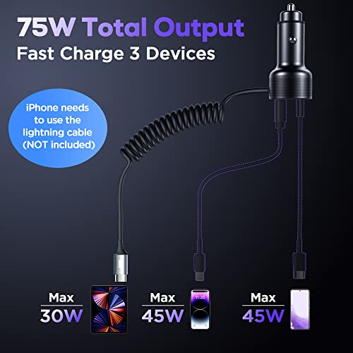 Usb C Car Charger, 75W Metal 3-Port Super Fast Car Charger Adapter Pd & Qc3.0 Built-In 6Ft Type C Coiled Cable For Samsung Galaxy S22/21 Iphone Ipad Pro Pixel Android Phones #TOP1