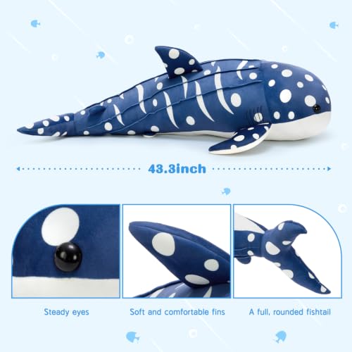 Image of Tezituor 43.3 Inch Giant Whale Shark Stuffed Animal, 4ft Large Stuffed Whale Shark Plush Body Pillow for Girls Boys, Soft Ocean Plush Toy Theme Birthday Gift for Kids Adults