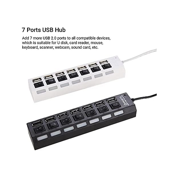 Zwbfu 7 Anschlüsse USB 2.0-Hub Ultra Slim Portable Data Hub Individuelle LED-beleuchtete Netzschalter USB 2.0-Splitter… – Bild 4