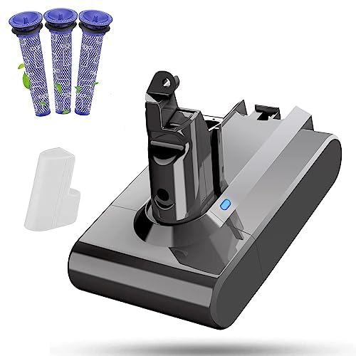 6.0 Ah/6000mAh Battery Replacement for Dyson V6 Animal, Absolute, SV03, SV04, SV05, SV06, SV07, SV09, DC58, DC59, DC61, DC62, DC72, DC74 Vacuum Cleaner Li-ion Battery with 3 Pre-filters