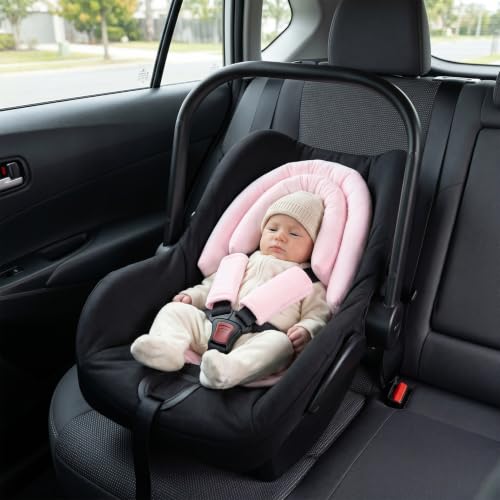 Image of Baby Car Seat Head Support for Newborn, 2 in 1 Infant Car Seat Head Body Support with Strap Pads, Soft Stroller Cushion Pillow Insert for Girls, Fits for Stroller, Swing, Pink