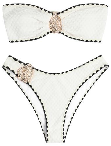 Image of ZAFUL Women's Bandeau Bikini O Ring Strapless Tie Back High Cut Two Piece Swimsuit Bathing Suits