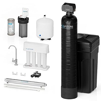 Aquasure 32,000 Grains Whole House Water Softener Bundle with 75 GPD Reverse Osmosis RO Filtration System, Triple Purpose Pre-Filter, 8 GPM Ultraviolet UV Sterilizer Light (1-2 Bathrooms)