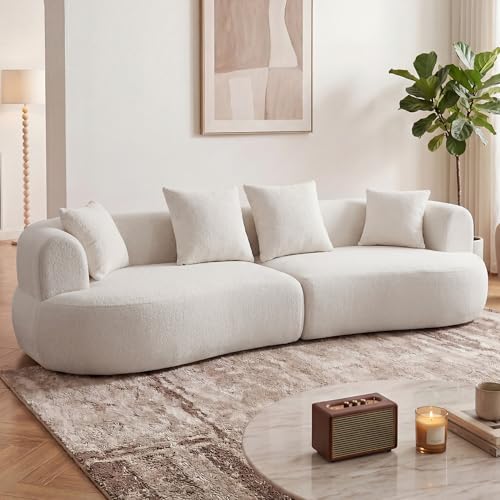 Kolavess Modern Curved Boneless Sofa, 122" Oversized Comfy Cloud Couch with 4 Pillows, Luxury Teddy Velvet Modular Sectional Sofa with Deep Seat for Living Room, Apartment & Reception Spaces, White