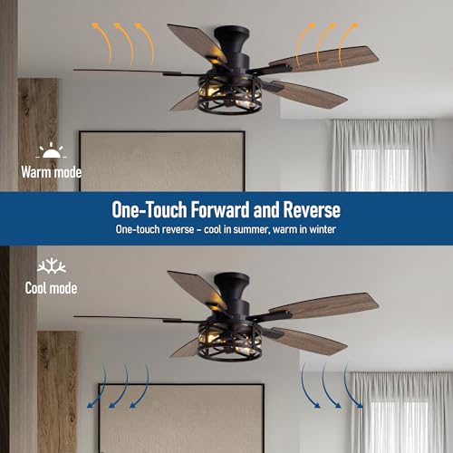 Image of 50 Inch Flush Mount Black Caged Ceiling Fan with Lights, Low Profile Farmhouse Ceiling Fan for Bedroom Living Room and Patio, Ceiling Fans and Remote Control for Indoor and Outdoor
