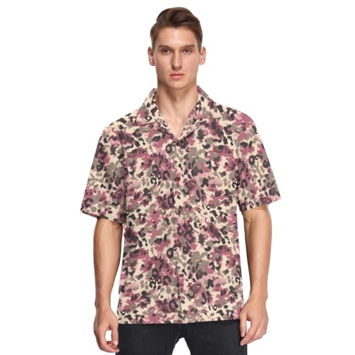 Hawaiian Shirt Leopard Camouflage Brown Pinks for Men Short Sleeve Button Down Casual Shirts