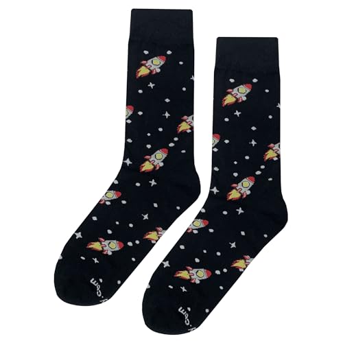Rocket Ship Dress Socks Funny Novelty Crazy Fun Design Men Size 8-12 Cotton Casual Crew Colorful Funky Fancy Socks Gift for Men