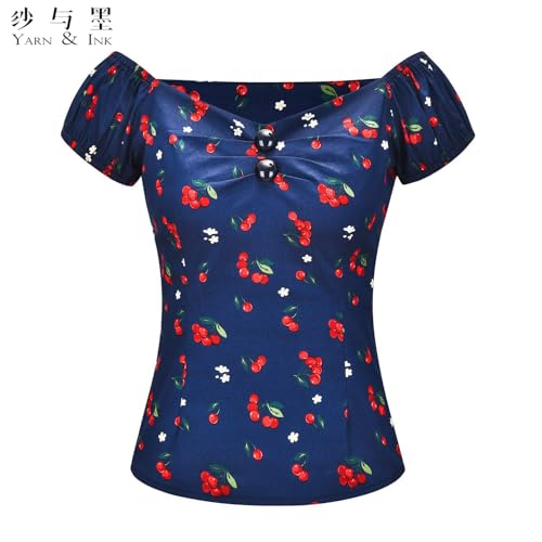 Image of YARN & INK Women's Rockabilly Tops 1950s Pinup Shirt Casual Off Shoulder Vintage Blouse