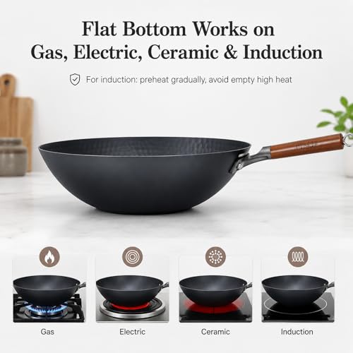 Image of WANGYUANJI Lightweight Carbon Steel Wok Pan with Lid, 12.6 inch Flat Bottom Stir Fry Wok for Induction, Electric & Gas Stoves, 2.9 lb Wok Body, Pre-Seasoned Nitrided Wok, No Chemical Coating