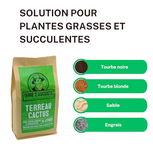 Terre D’AUGUSTE - Terreau Cactus, Plantes Grasses et Succulentes 6L-Terre cactée Premium Idéale Pour Rempotage - Fermeture Eclair Refermable