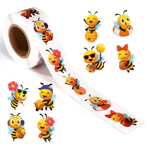Tinoaly 500uds Pegatinas de Abejas, con Dibujos Animados para Niños Divertidas Pegatinas de Animales Rollo Decoración Moda Calcomanía para Portátil Sobre Cuaderno Regalo
