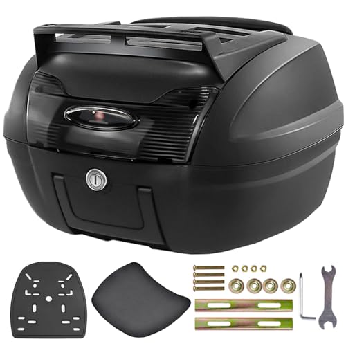 Motorcycle Tail Box,Motorcycle Daily Tail Box, 46L Universal Motorcycle Tour Tail Box Trunk Luggage Topcase Lockable Storage Plastic Case with Soft Backrest, Waterproof Top Box for Scooter Moped Motor