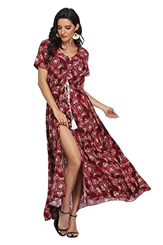 Image of VintageClothing Women's Floral Maxi Dresses Boho Button Up Split Summer Casual Long Dress Beach Party Dress