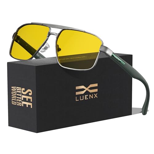 LUENX Aviator Sunglasses for Men Women Polarized Square Polygon Retro Shades - Yellow Lens Night Vision Driving Glasses Anti Glare 60MM