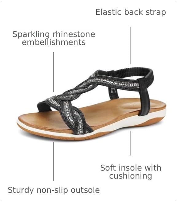 Image of UBFEN Flat Sandals For Women Dressy Arch Support Comfortable Casual Sandal With 2026 Rhinestone Braid Elastic Strap Summer Vacation