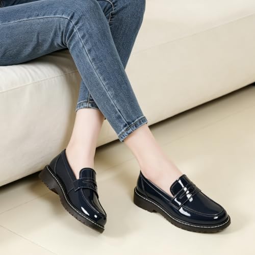 Image of Black Penny Loafers for Women, Shiny Comfortable Dress Work Shoes